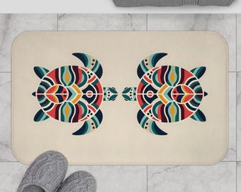 Turtle Art Bath Mat, Sea Creature Bathroom Rug, Ocean Theme Bathroom Decor, Marine Life Shower Rug, Minimalist Animal Print Home Decor