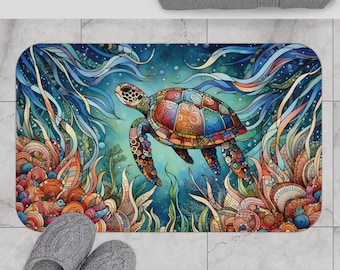 Sea Turtle Bath Mat, Ocean Theme Bathroom Decor, Underwater Animal Home Accent, Coastal Design Rug, Marine Life Gift, Bathroom Accessory