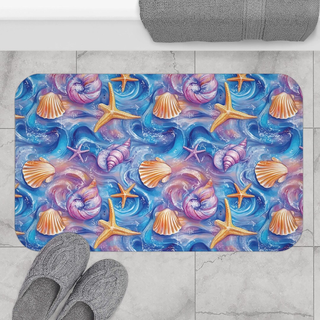Ocean Themed Seashell and Starfish Bath Mat, Underwater Sea Creature ...