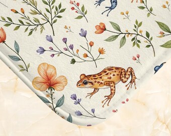 Frog and Floral Memory Foam Bath Mat – Non-Slip Bathroom Rug