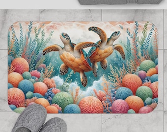 Turtle Bath Mat, Marine Life Shower Rug, Ocean Theme Rug, Non Slip Animal Theme Rug, Coastal Shower Mat, Sea Creature Bathroom Decor