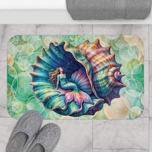 Mermaid And Seashell Bath Mat, Ocean Theme Non Skid Floor Mat, Nautical Shower Rug, Fantasy Sea Life Home Accent, Coastal Bathroom Decor