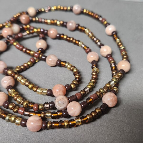 Solar Goddess Waist Beads: Sunstone and Earthy Brown-Gold Glass Waist Beads - Embrace the Sun's Glow