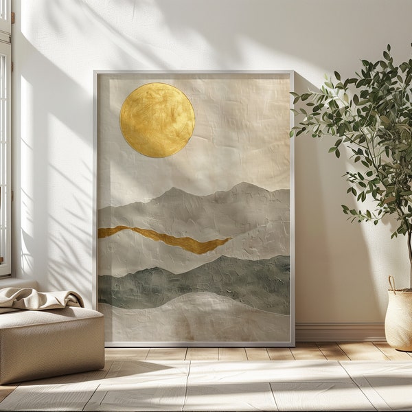 gold terracotta impasto landscape painting - japandi sun rise - textile look - risograph print - wabi sabi wall art - extra large digital