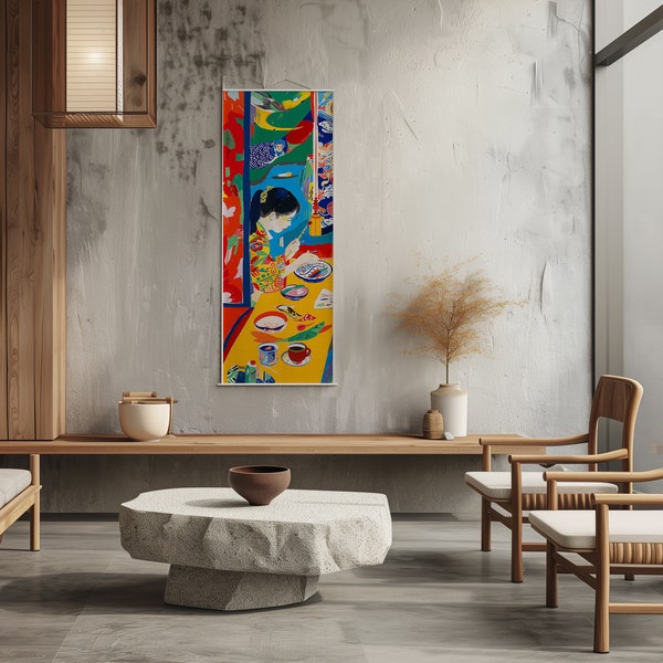 large vertical tall gouache painting - matisse - japandi illustration - vintage modern asian painting - narrow wall art - slim colourful art