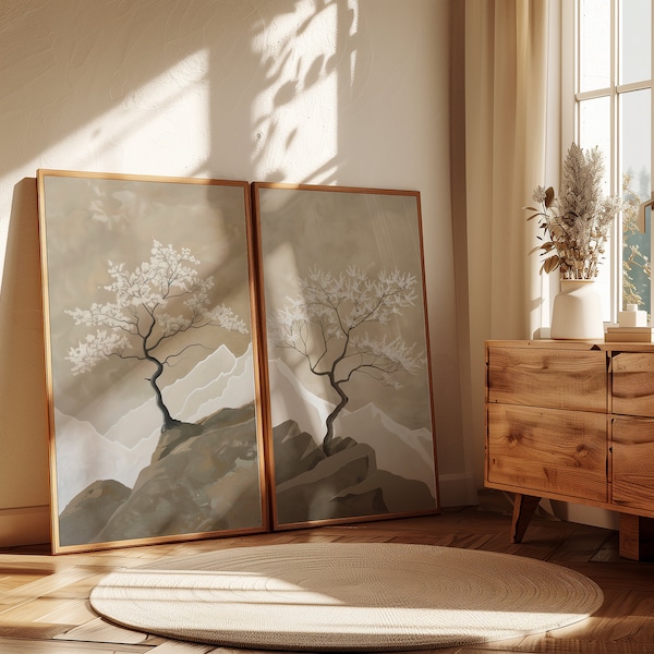 Japandi Neutral Japanese Wall Art, Wabi Sabi Tree Art Print, triptych wall art, Terracotta Earthy Aesthetic