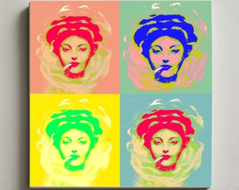 Smoke Girl – Digital Retro Pop Portrait in Bold Colors, Vintage-Inspired Art Print with 60s Style Color Blocking for Wall Decor