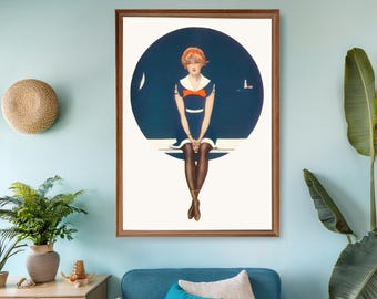 The Pier Girl – 1913 Nautical Wall Art | Vintage Beach Poster | Flapper Girl Print | Coastal Home Decor | Digital Download