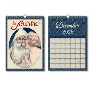 Puede incluir: Un calendario de pared con espiral para diciembre de 2026. El lado izquierdo presenta una ilustración vintage de Papá Noel y una mujer, con el texto francés "le sourire". El lado derecho muestra la cuadrícula del calendario con un diseño art déco azul.