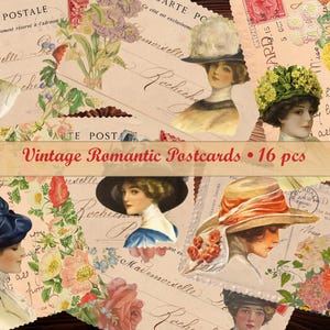 Cartão postal romântico vintage, cartões de diário de lixo digital, itens de scrapbook românticos para impressão, mulheres e chapéus, flores secas, diário