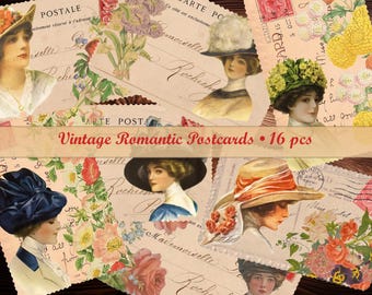 Vintage Romantic Postcard, digital junk journal cards, printable romance scrapbook ephemera, women & hats, dried flowers, journaling
