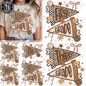 Könnte beinhalten: Ein beiges T-Shirt mit einer Wimpel-Grafik und dem Text Fourth Grade, umgeben von Leopardenmuster, Karomustern, braunen Schleifen und Sternen. Das Design enthält mehrere Wimpel-Variationen für verschiedene Klassenstufen.