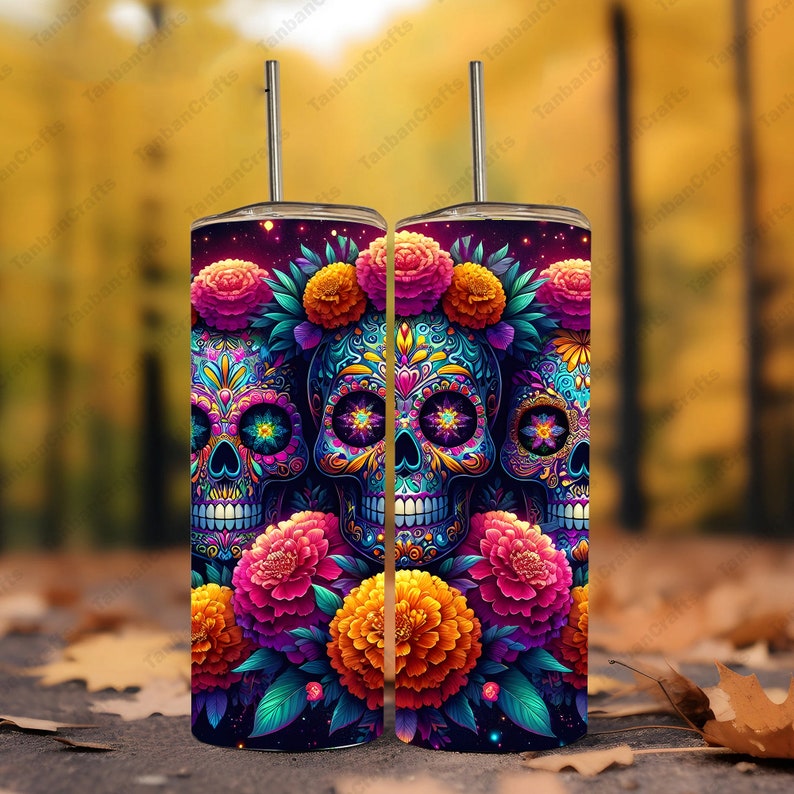 Seamless Rainbow Sugar Skull Wrap, 20 Oz Tumbler Sublimation, Colorful