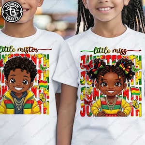 May include: White t-shirts with Juneteenth graphics. One shirt features a cartoon boy with a yellow jacket and the words "little mister". The other shirt has a cartoon girl with the words "little miss". Both shirts have butterflies.
