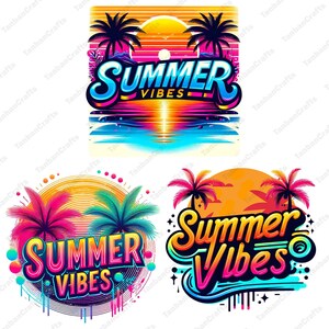 K&ouml;nnte beinhalten: Zwei farbenfrohe Grafikdesigns mit dem Text "Summer Vibes" in einer fetten, stilisierten Schriftart. Die Designs zeigen Palmen, einen Sonnenuntergang und eine Strandszene.