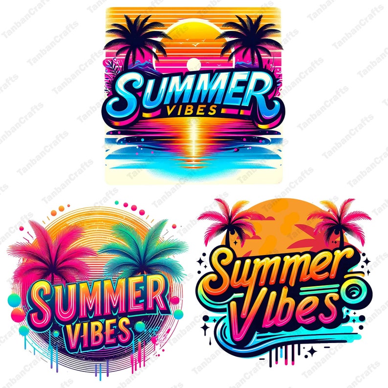 K&ouml;nnte beinhalten: Zwei farbenfrohe Grafikdesigns mit dem Text "Summer Vibes" in einer fetten, stilisierten Schriftart. Die Designs zeigen Palmen, einen Sonnenuntergang und eine Strandszene.