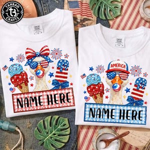 May include: Two white t-shirts with patriotic designs. One features a goose wearing sunglasses and a bow, with ice cream cones and the text "NAME HERE." The other has a goose wearing a hat that says "AMERICA" and the text "NAME HERE."