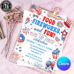 4. Juli Grilleinladung Canva Vorlage, Party In USA Einladen, Unabhängigkeitstag BBQ Barbeque Invite, Juli Vierter Food Friend und Feuerwerk