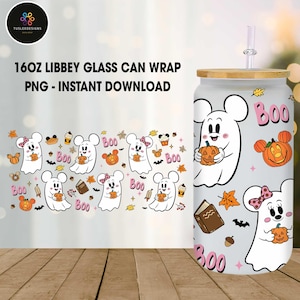Trending Cartoon Mouse Friends 16oz Glass Can Wrap Png, Halloween Pumpkins Libbey Glass Can Png, Halloween Cartoon Glass Can Wrap Png