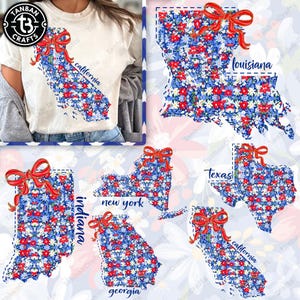 Preppy staatskaart van de VS png-bundel, 4 juli bloemenkaart png, patriottische staatskaart met strik png, coquette Kentucky png, rood wit blauw png