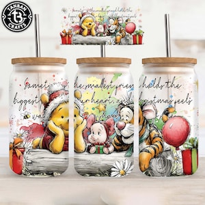 Merry Honey Bear and Friends Christmas 16oz Glass Can Wrap , Christmas Gift Libbey Glass Can Wrap Christmas, Merry Christmas Glass Can Wrap