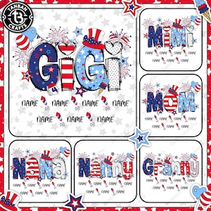 Puede incluir: Diseños patrióticos en rojo, blanco y azul con nombres como "Gigi", "Mimi", "Mom", "Nana", "Nanny" y "Granny". Cada diseño incluye fuegos artificiales, estrellas y conos de helado, ideales para celebraciones.