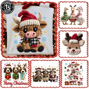 Może przedstawiać: Kolekcja pluszowych ozdób świątecznych. Ozdoby obejmują krowę Highland w czapce i szaliku Świętego Mikołaja, kaczki w swetrach, głowę renifera, jamniki w świątecznych swetrach, szopy pracze i stos krów. Obecny jest również napis "Merry Christmas".