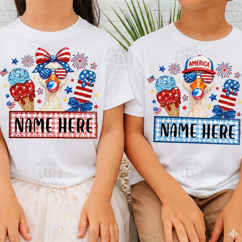 May include: White t-shirts with patriotic designs. One shirt features a red and blue bow, ice cream cones, and the text "NAME HERE" in a red frame. The other shirt has a blue frame and the word "AMERICA" on a hat.