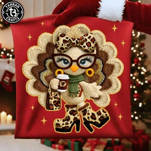 May include: A red pillow with a detailed embroidered turkey design. The turkey wears glasses, a bow, and leopard print boots, holding a coffee cup and purse. Gold stars accent the background, with a Christmas tree and stocking visible.