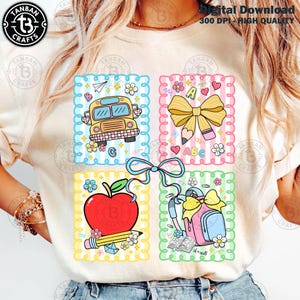 Png floral girly preppy, cartable, livres, noeud crayon, coquette enseignante dessinée à la main premier jour, conception premier jour d'école