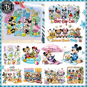 Op de afbeelding: Een wit t-shirt en meerdere grafische prints met Disney-figuren zoals Mickey, Minnie, Donald, Daisy en Goofy in zomerse strandinstellingen. De ontwerpen bevatten teksten zoals 2026 Best Day Ever, Summer Beach Party en Summer Vibes.