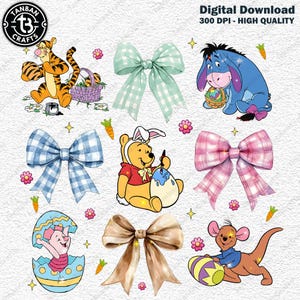 Peut inclure: Téléchargement numérique d'illustrations sur le thème de Pâques. Comprend des personnages comme Tigrou, Bourriquet et Winnie l'ourson, ainsi que des nœuds décoratifs, des carottes et des fleurs. Le texte "Digital Download 300 DPI - HIGH QUALITY" est également présent.