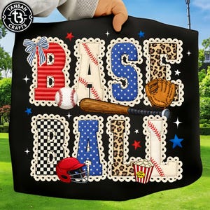 May include: Black baseball-themed design with the word "BASEBALL" in large, decorative letters. The letters feature various patterns, including red, blue, and leopard print. Baseball bat, glove, ball, helmet, and popcorn are also included.