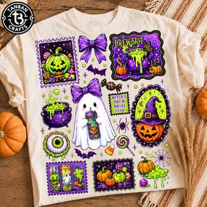May include: A cream-colored t-shirt featuring a colorful Halloween-themed graphic print. The design includes a ghost holding a drink, a purple cauldron with green liquid, a jack-o'-lantern, a candy corn, a spider, and the text Witch's Brew Social Club.