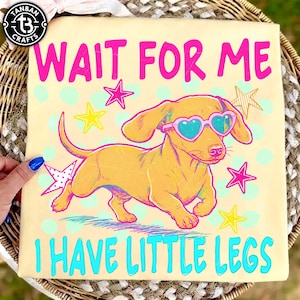 May include: A square canvas print featuring a cartoon dachshund wearing heart-shaped sunglasses. The text "WAIT FOR ME" is above the dog, and "I HAVE LITTLE LEGS" is below. The background is light yellow with stars and polka dots.