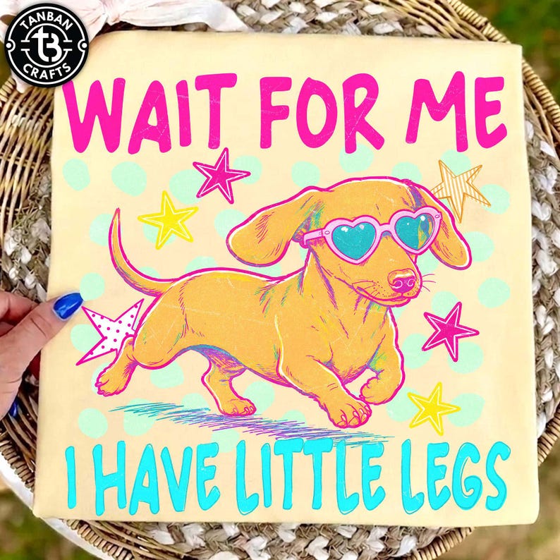 May include: A square canvas print featuring a cartoon dachshund wearing heart-shaped sunglasses. The text "WAIT FOR ME" is above the dog, and "I HAVE LITTLE LEGS" is below. The background is light yellow with stars and polka dots.