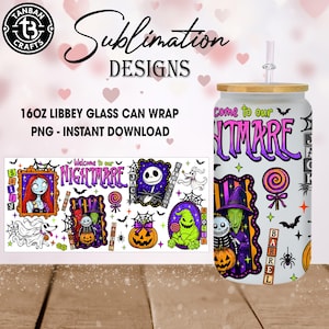 Puede incluir: Un vaso de vidrio esmerilado de 16oz con tapa de bambú y pajita, que presenta un diseño de sublimación colorido con personajes de Pesadilla antes de Navidad, incluidos Jack Skellington, Sally y Oogie Boogie, con el texto Welcome to our NIGHTMARE.