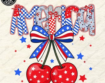 Retro America Cherries Png, Cherry Bow Png, Trendy July 4th Png, 4th Of July Woman Png, Usa Flag Png, Independence Day Png, Digital File