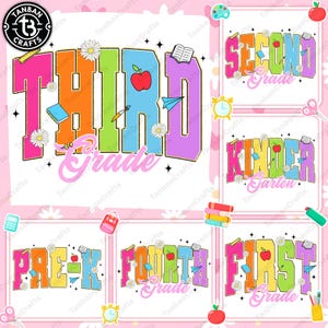 Retro Back to School Png Bundle, Kindergarten, First Day Of School, Teacher Coquette Bow Png, First/Second/Third Grade Design, School Bundle