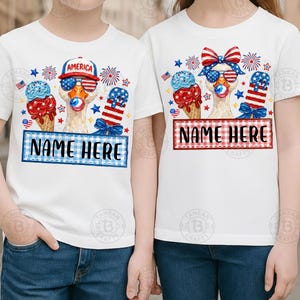 May include: White t-shirts with a patriotic design featuring a goose wearing sunglasses and a bow, holding ice cream cones and a red, white, and blue striped item. The text "NAME HERE" is displayed on a blue and white checkered banner.