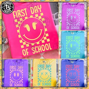 Smiley Neon Checkered First Day Of School Bundle Png, Smiley Png, Preppy Back To School Png, Sublimation, Neon School Png, Retro Teacher Png