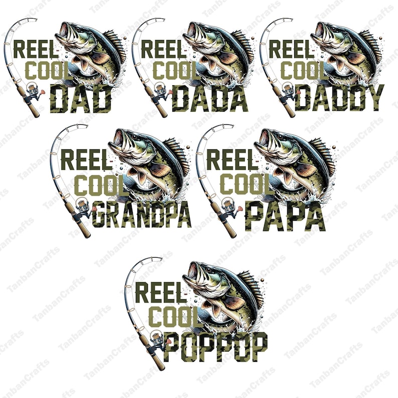Pu&ograve; includere: Grafica a tema pesca con un persico trota che salta fuori dall'acqua, una canna da pesca e le parole "REEL COOL DAD," "DADA," "DADDY," "GRANDPA," "PAPA," e "POPPOP" in un font mimetico. Il design &egrave; ripetuto.