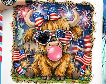 Hand Drawn 4th of July Highland Cow png, Leopard 250th Anniversary png,Western 4th of July png, American Flag Png, Usa png,Kids 4th of July