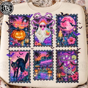 Peut inclure: Un sweat-shirt cr&egrave;me orn&eacute; de six illustrations rectangulaires en forme de timbres-poste. Les motifs incluent une citrouille, un fant&ocirc;me avec des lunettes en forme de c&oelig;ur, une pleine lune, un chat noir, un b&acirc;timent marqu&eacute; SUMMERWEEN et un cocktail.