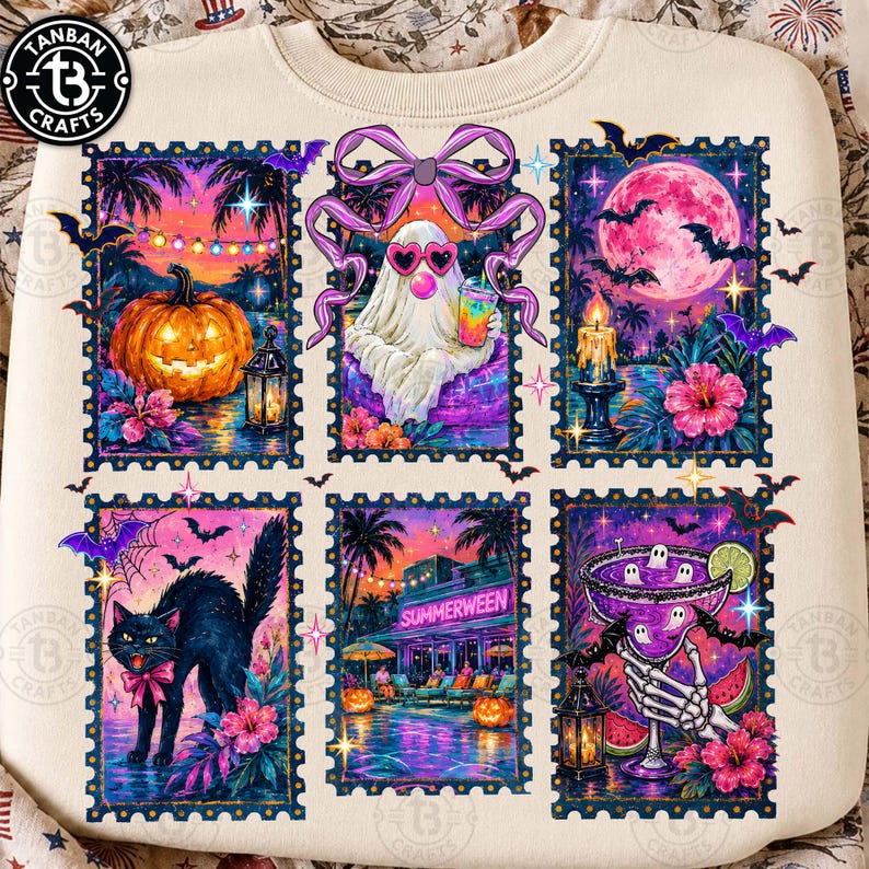 Peut inclure: Un sweat-shirt cr&egrave;me orn&eacute; de six illustrations rectangulaires en forme de timbres-poste. Les motifs incluent une citrouille, un fant&ocirc;me avec des lunettes en forme de c&oelig;ur, une pleine lune, un chat noir, un b&acirc;timent marqu&eacute; SUMMERWEEN et un cocktail.