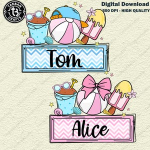 Nom de plage personnalisé garçon/fille PNG, plaque signalétique pour enfants crème glacée d'été, conception de chemise pour tout-petits, coquette preppy, ambiance estivale mignonne PNG