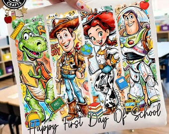 May include: A white fabric pouch featuring a colorful graphic print of Toy Story characters Rex, Woody, Jessie, and Buzz Lightyear with school supplies and the text Happy First Day Of School in black script lettering at the bottom.