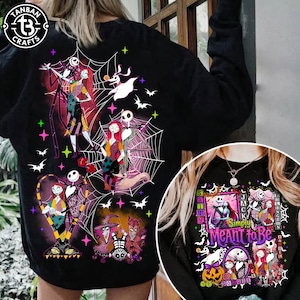 May include: A black long-sleeve sweatshirt featuring a large graphic print of characters from The Nightmare Before Christmas, including Jack Skellington and Sally, surrounded by spiderwebs, bats, and stars, with the text Simply Meant to Be.