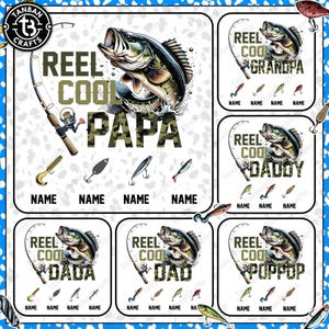 Pu&ograve; includere: Una collezione di design a tema pesca con un basso che salta, canne da pesca e le frasi "Reel Cool Papa", "Reel Cool Grandpa", "Reel Cool Daddy", "Reel Cool Dada", "Reel Cool Dad" e "Reel Cool Poppop". Ogni design include spazio per un nome.