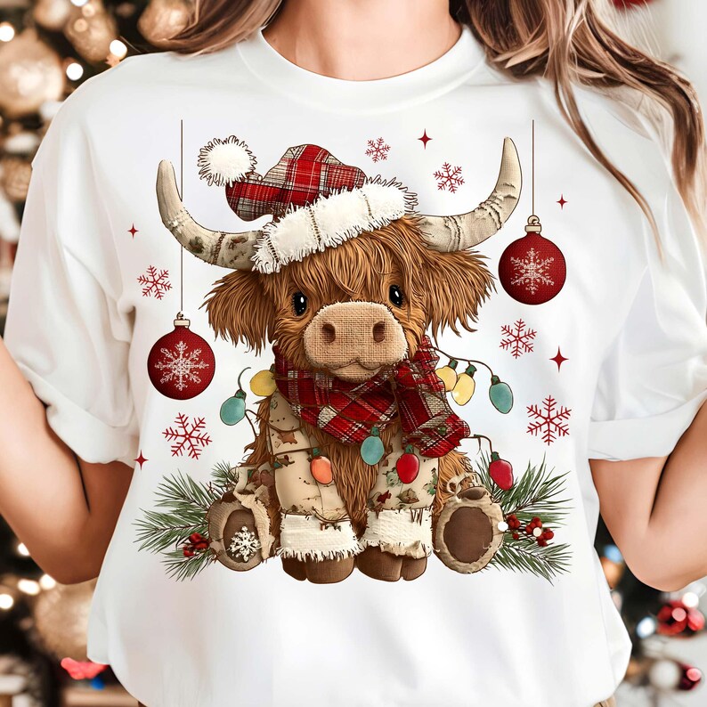 May include: White t-shirt featuring a Highland cow illustration. The cow wears a plaid hat, scarf, and festive lights, with hanging ornaments and snowflakes. The design has a Christmas theme.